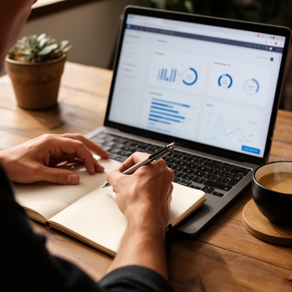 Manos tomando notas junto a un laptop con un dashboard simple